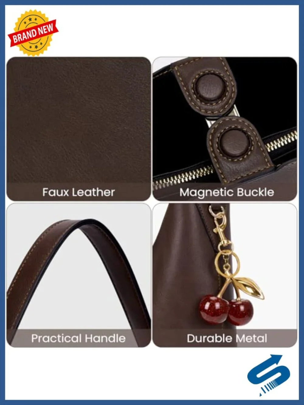 Vegan Leather Medium Hobo Shoulder Bag Tote with Cherry Charm